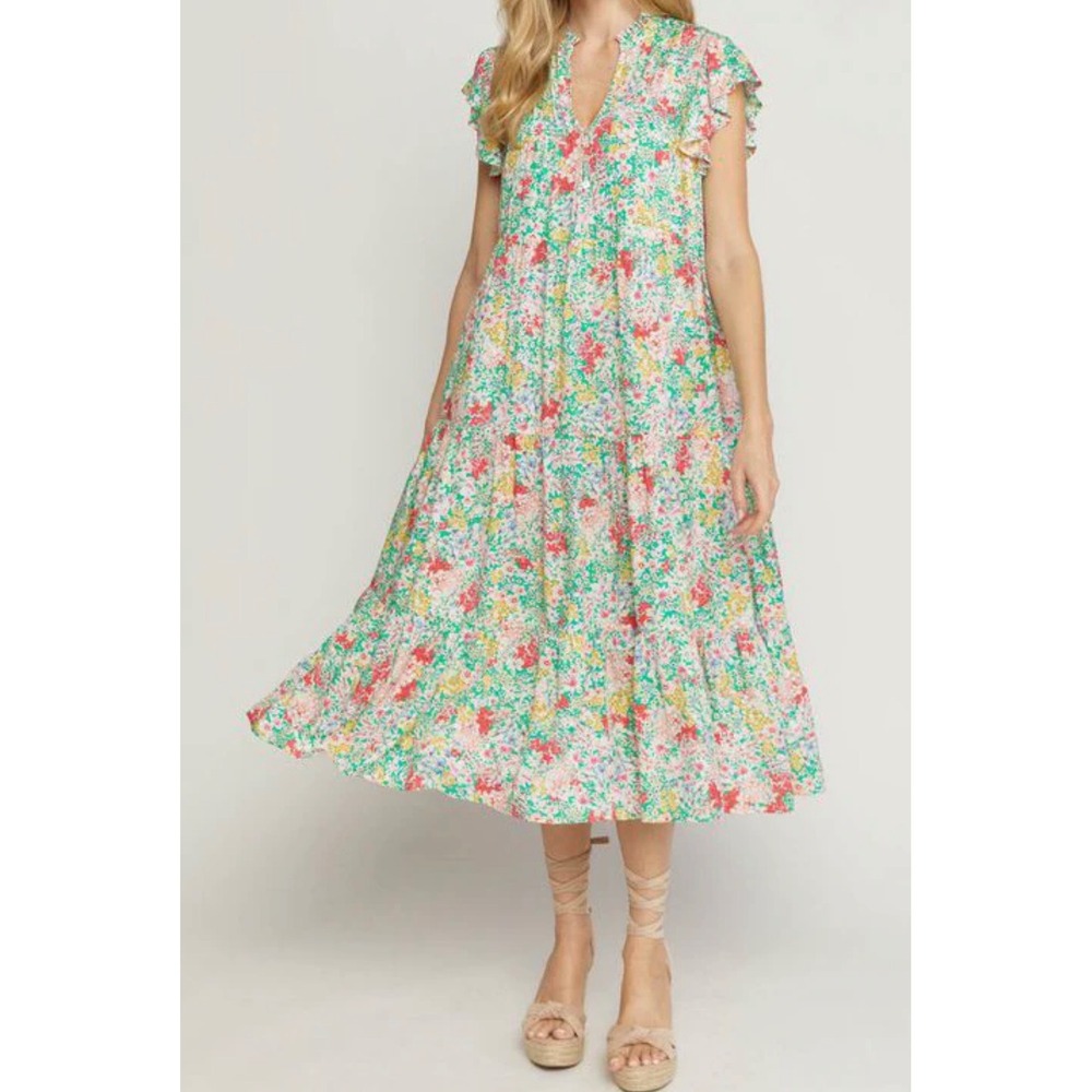 Entro Floral Tiered Midi Dress L Green Pink Ruffle Sleeve Babydoll Pockets